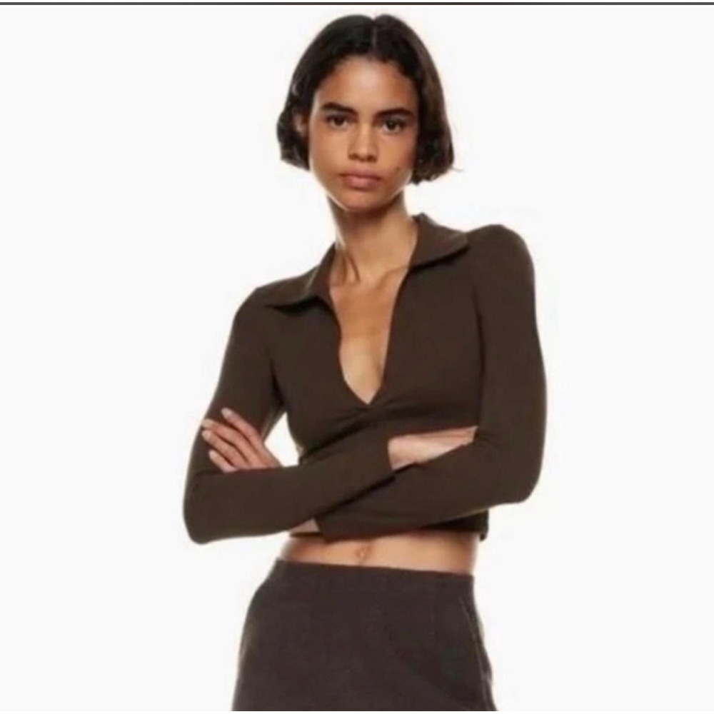 Babaton Aritzia Brown Contour Polo Longsleeve Cropped V-Neck Top XS Preppy Chic